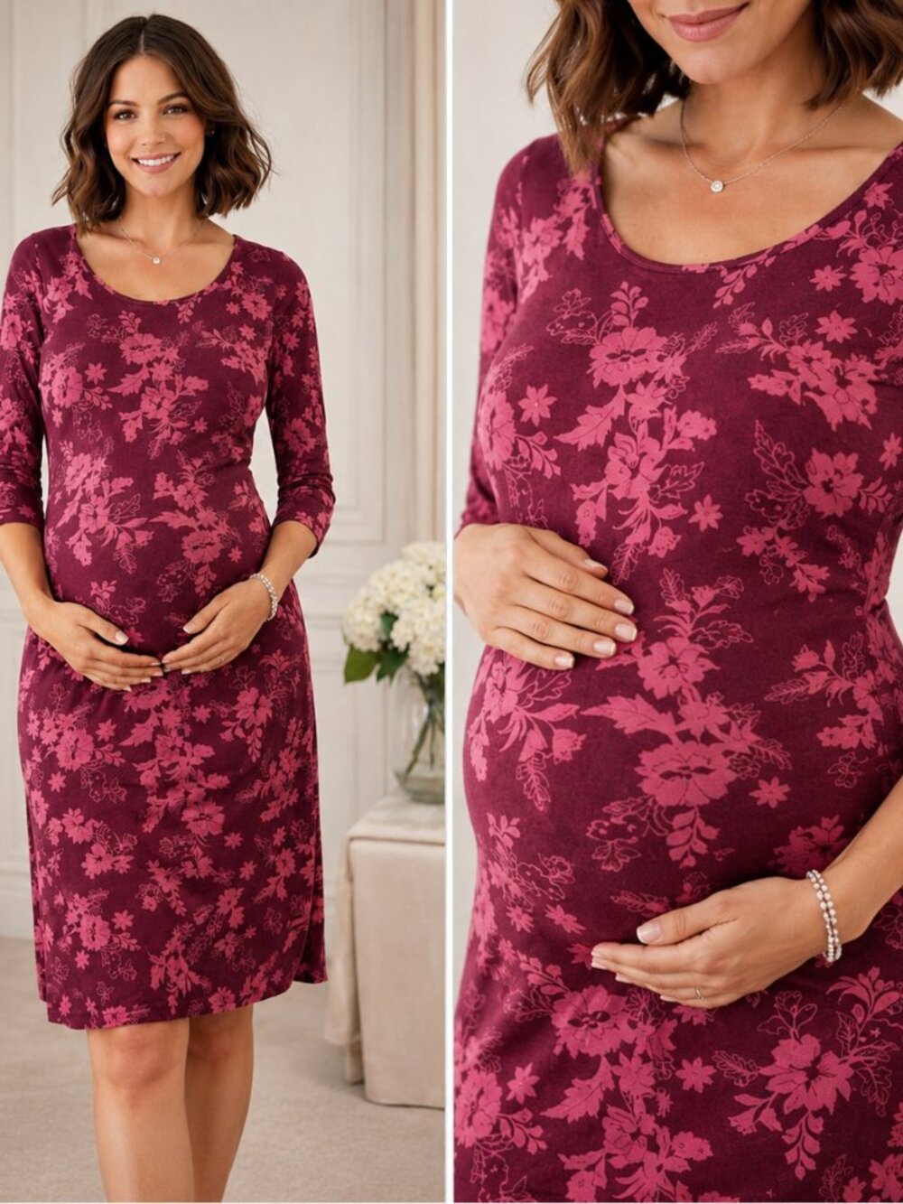 Isabel Maternity Pink Plum Floral Knit Dress 2XL Midi Stretch Fitted Baby Bump